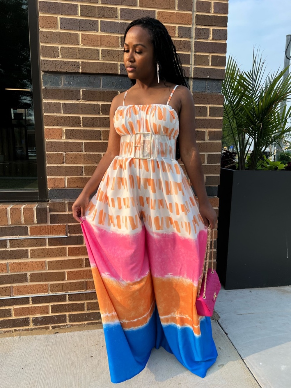 Colorblock Strap Wide-Leg Jumpsuit in Pink, Orange & Blue